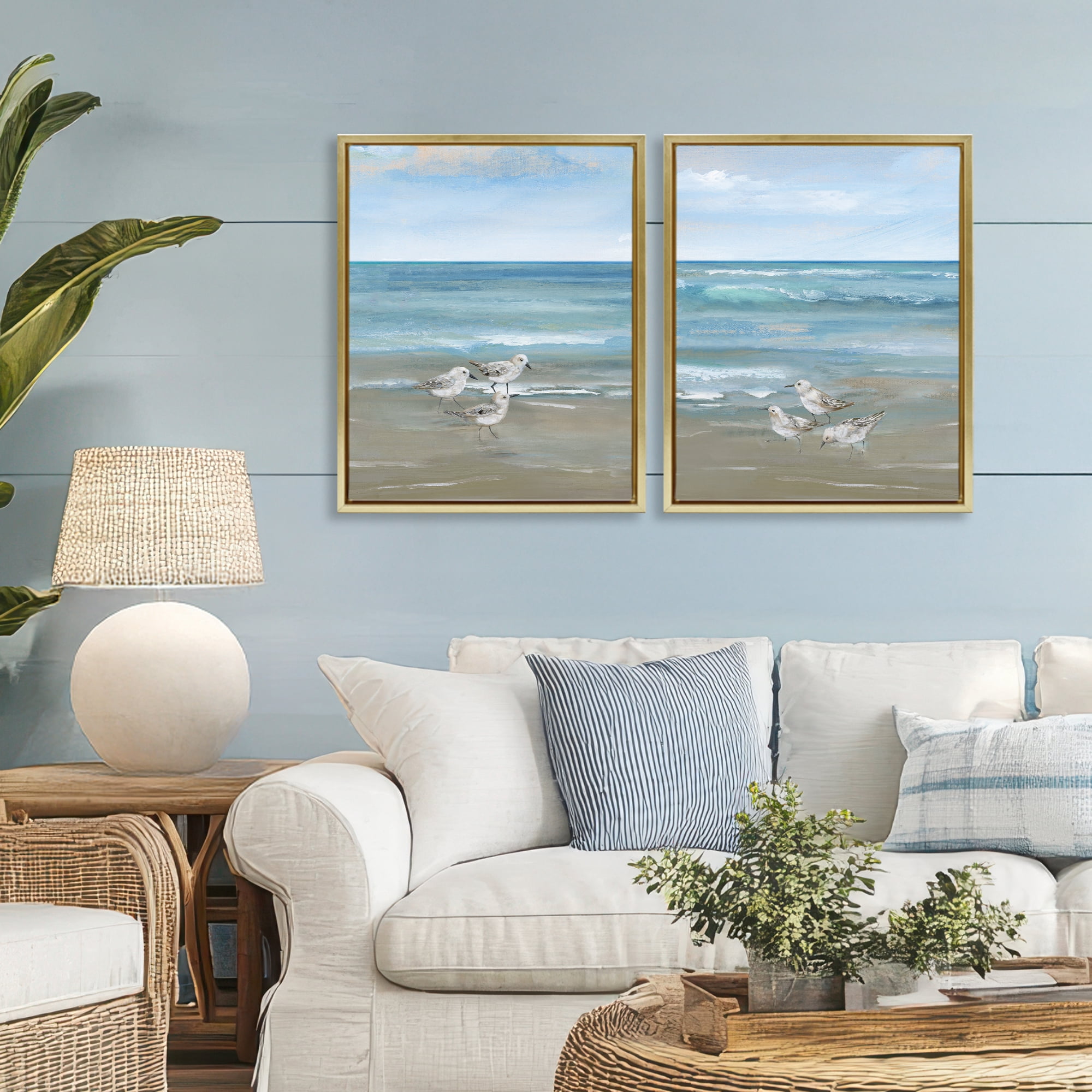 Stupell Industries Seaside Sanderlings at Dawn 2 Piece Gold Framed Floater Canvas Set, design by Nan