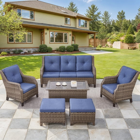 PARKWELL 6-Piece Outdoor Conversation Sets, Patio 3 Seater Sofa with Ottomans,Wicker Chair,Coffee Table,Rattan Seating Furniture for Porch Deck Backyard