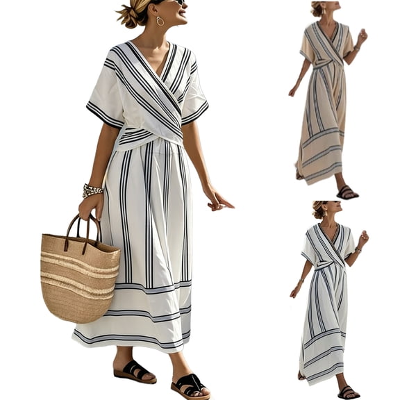 Hvyesh Womens V-Neck Maxi Dresses Loose-Fit Striped Sundresses Flowy Boho Beach Dress Summer Casual Vacation Wear Long Dress