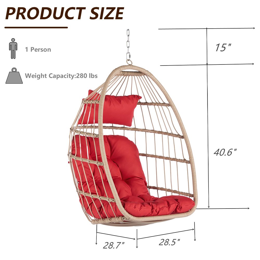 Hanging Egg Chair, Indoor Outdoor Swing Egg Chair Without Stand, Wicker Hammock Chair Swing with Cushion & Hanging Chain, Hanging Lounge Chair for Patio Backyard Balcony Garden Bedroom - image 4 of 9
