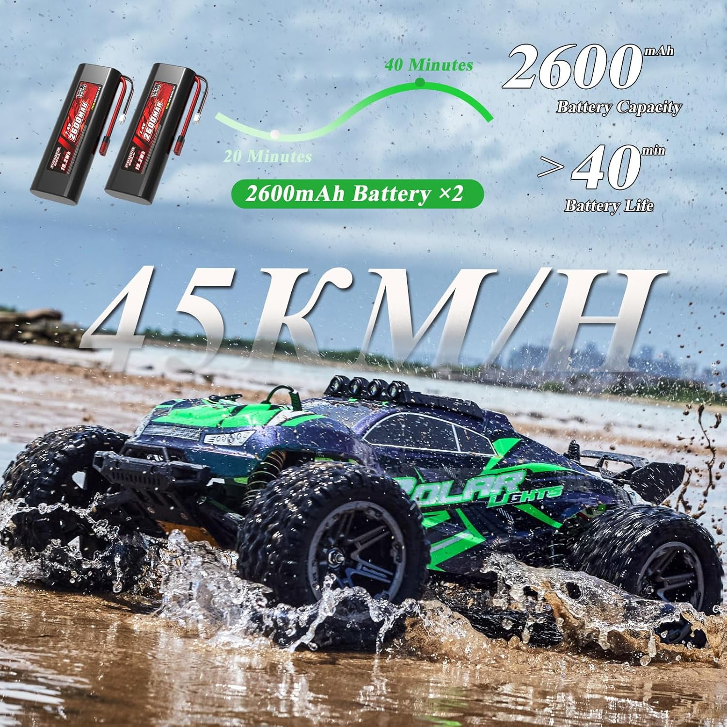 1:10 Large Rc Cars,18-Inch Remote Control Car Trucks with Lights,45+KM/H RC Off-Road Electric Truck, Includes 2 Rechargeable 2600mAh Batteries, Rc Cars for Adults & Boys