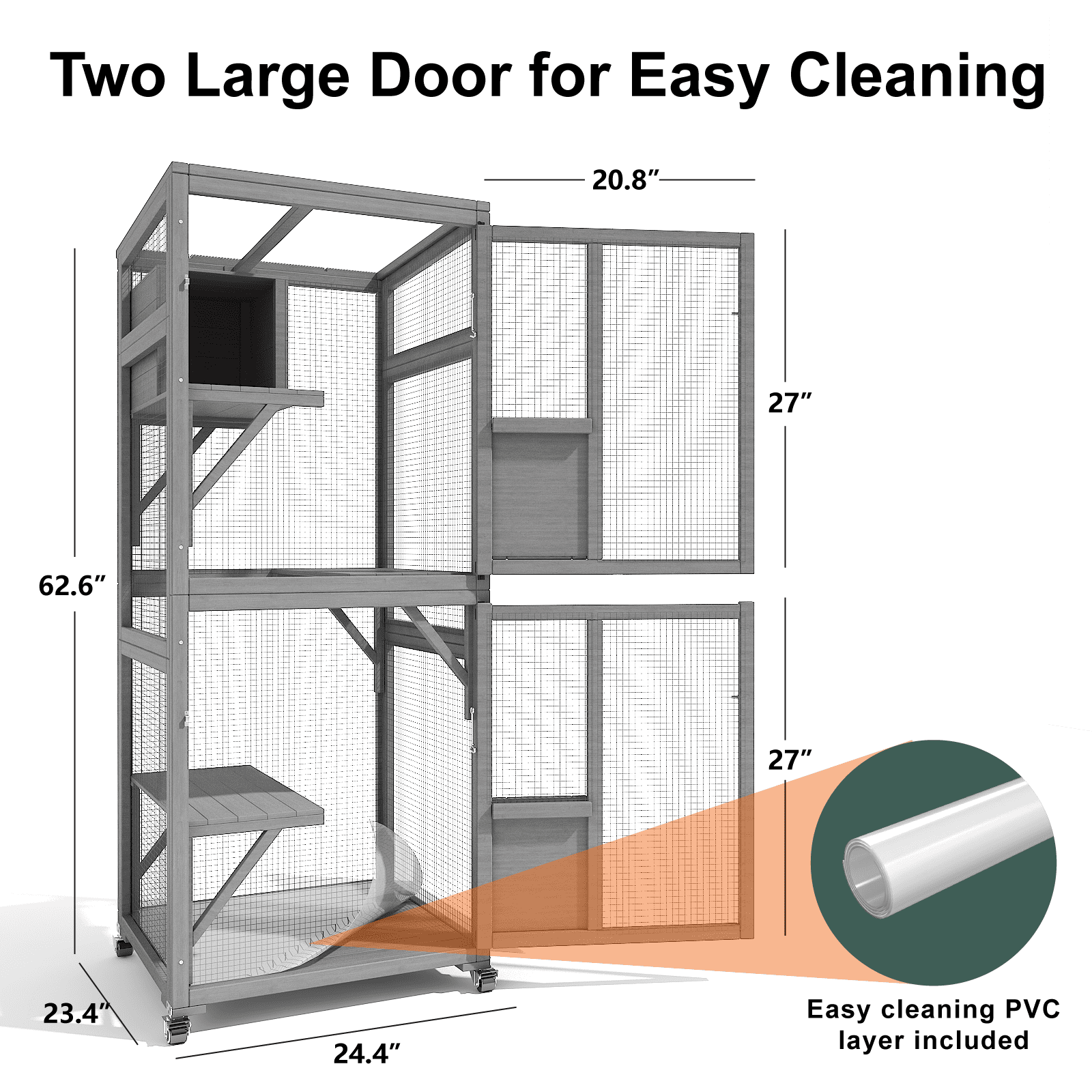TIMHAKA Outdoor Cat Catio Enclosure, 4 Tiers Indoor Catio w/ Wheels, Resting Box, Waterproof Roof, Gray