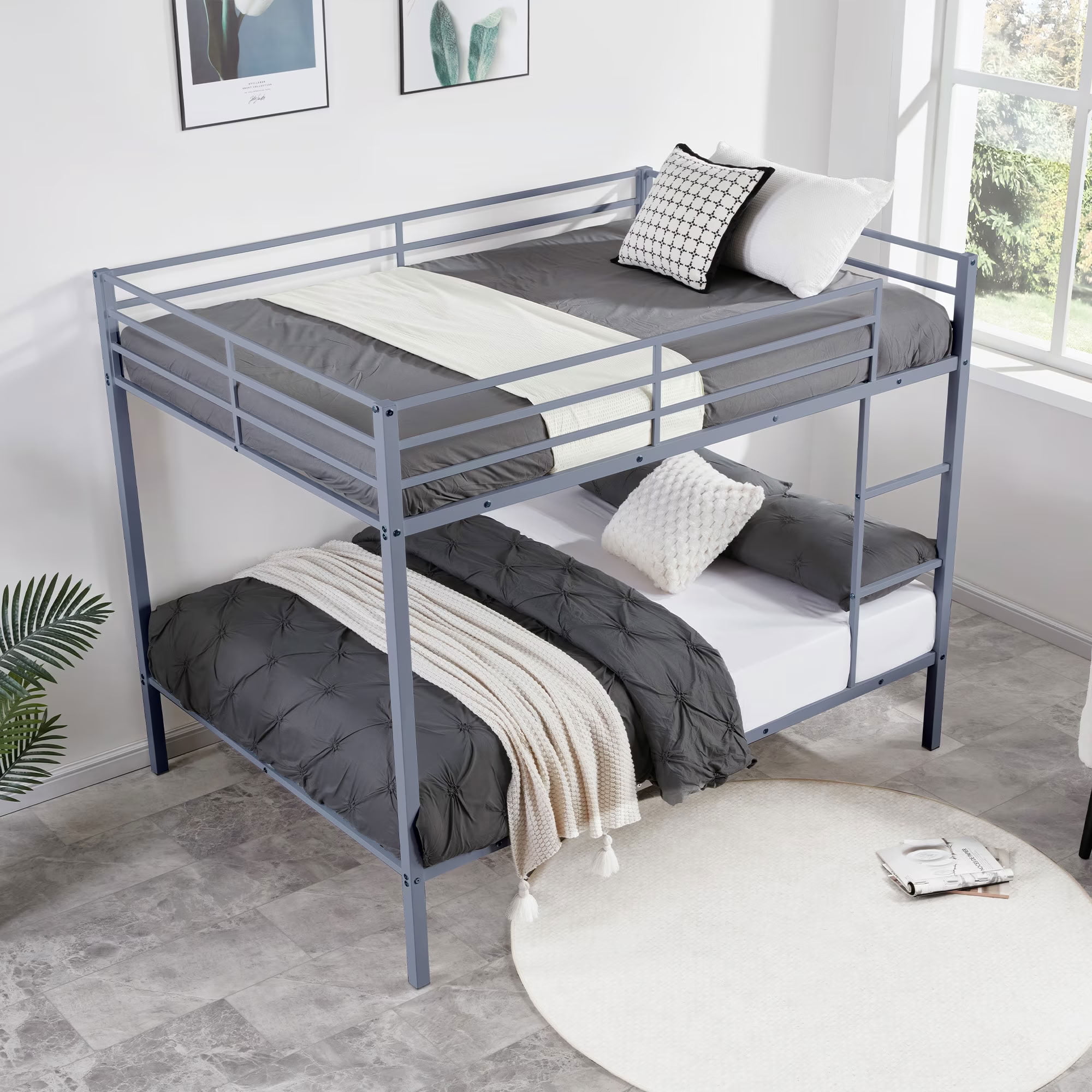 MAYEERTY Full Over Full Metal Bunk Bed, Low Profile Bed Frame with Built-in Ladder and Full Length Guardrails, Space Saving for Kids Teens Dorm Room