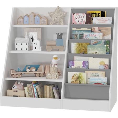 QHTER4 Tier Kids Wooden Bookshelf 5 Layer Sling Toddler Bookcase Baby Storage Book Rack Book and Toy Organizer Cabinet Children Book Display Playroom Nursery Classroom Kid Room