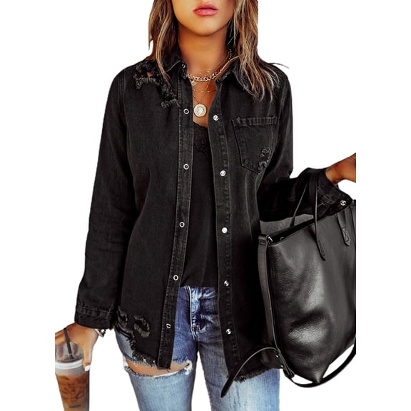 Chase Secret Women Denim Jacket Casual Long Boyfriend Distresse Jean Jacket Petite - Size L