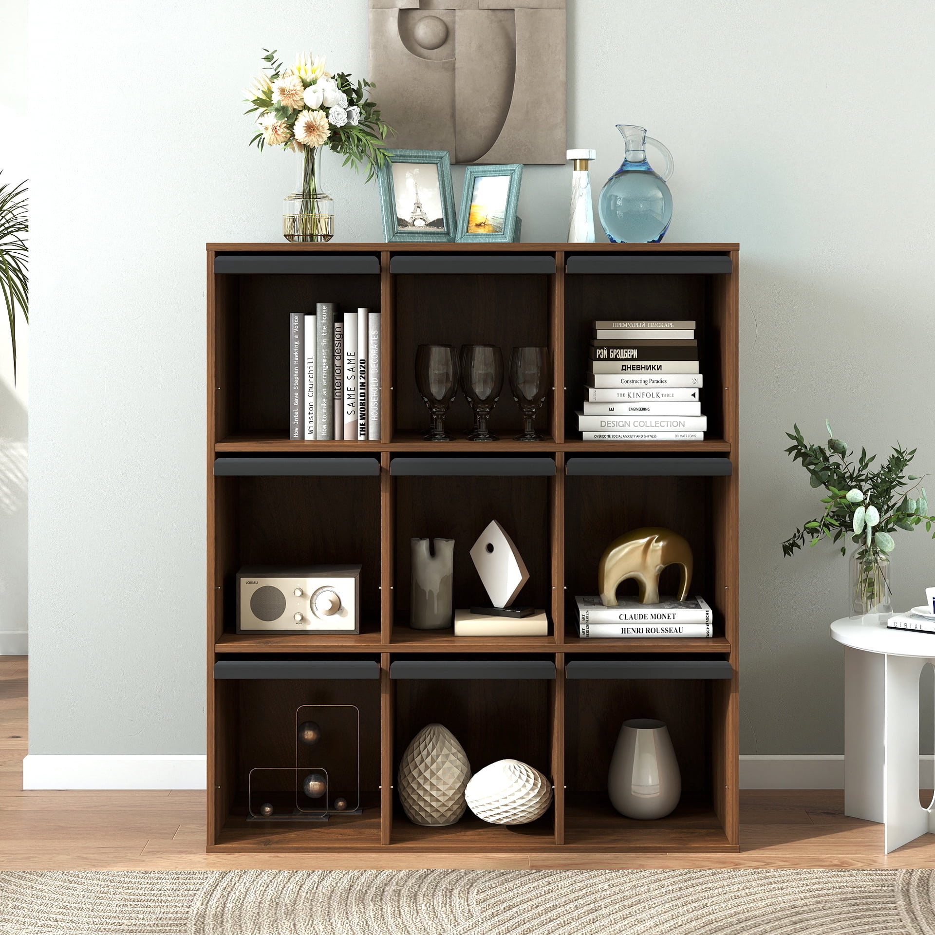 3×3 Cubby Cube Storage Bookcase with Flip Doors, Nine Compartment Cube Organizer Cabinet, Freestanding Display Bookshelf for Living Room Bedroom Office