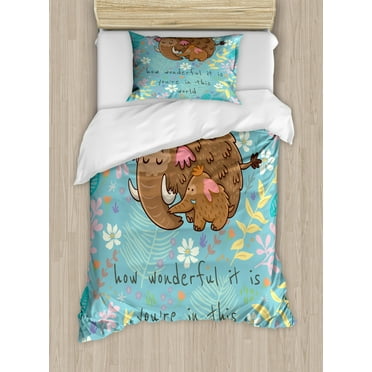 Quote Twin Size Duvet Cover Set, Parent and Baby Elephant on a Floral Background with a Loving Mother's Day Slogan, Decorative 2 Piece Bedding Set with 1 Pillow Sham, Multicolor, by Ambesonne