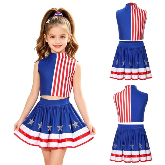 iiniim Girls Cheerleading Outfit Back Invisible Zipper Color Block Striped Crop Top with Rhinestone Stars Skirt Blue Red White 8