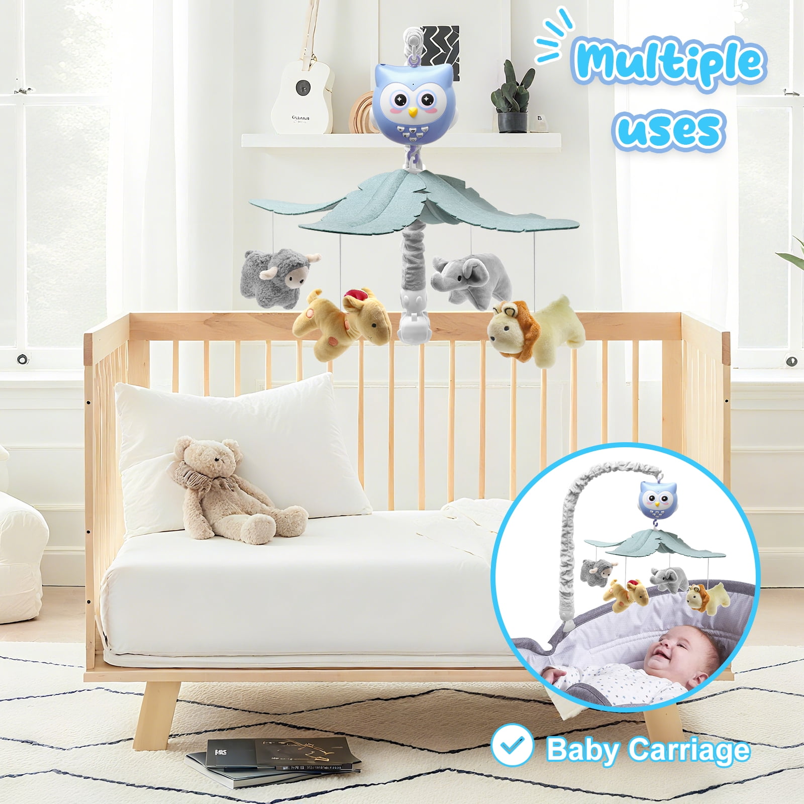 SUMWE Baby Crib Mobile with Music and Lights for Boys Musical Mobile Animals for Crib Bassinet Girls Toys Hanging Portable Safari Nursery Decor Blue