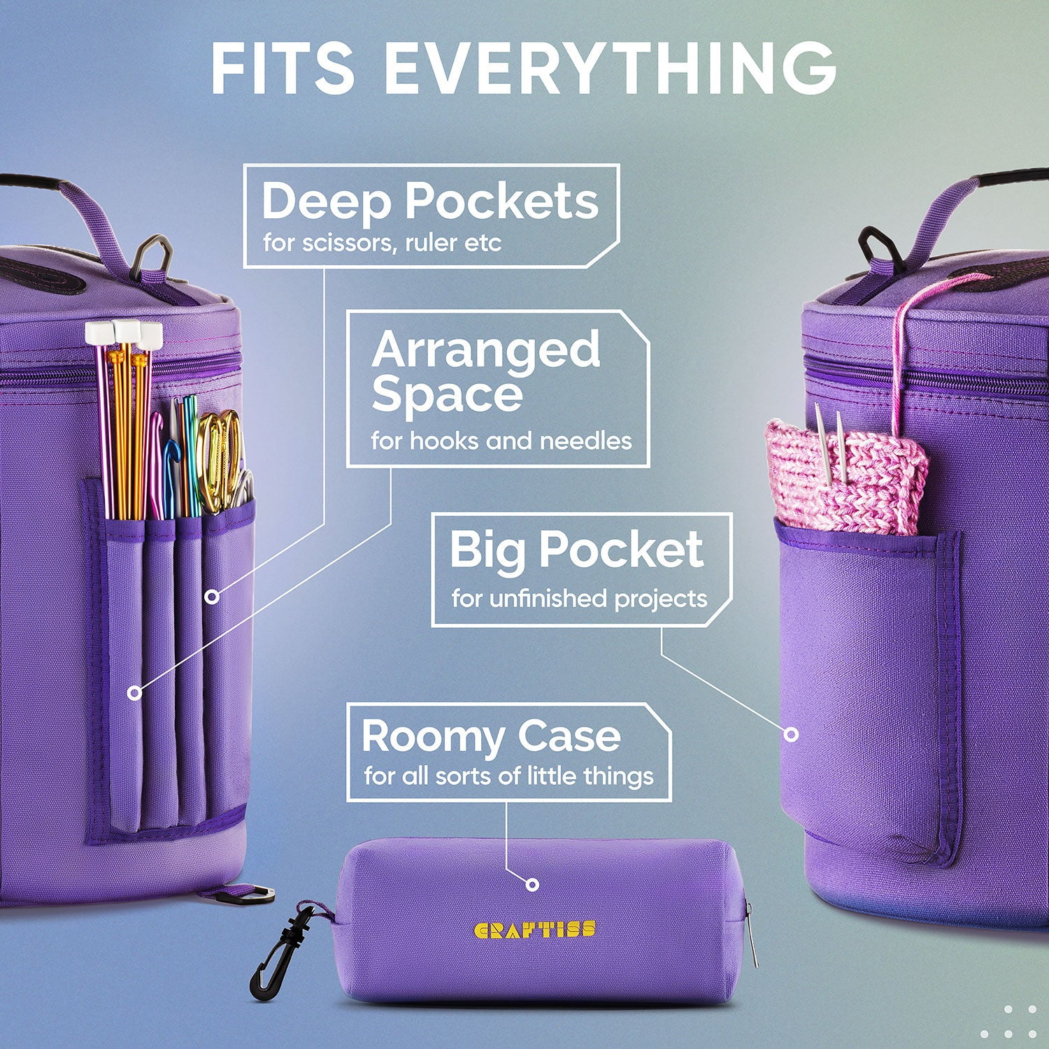 Craftiss Yarn Storage Bag - Purple Tote Yarn Bag, Durable Knitting and Crochet Organizer with Needle Case
