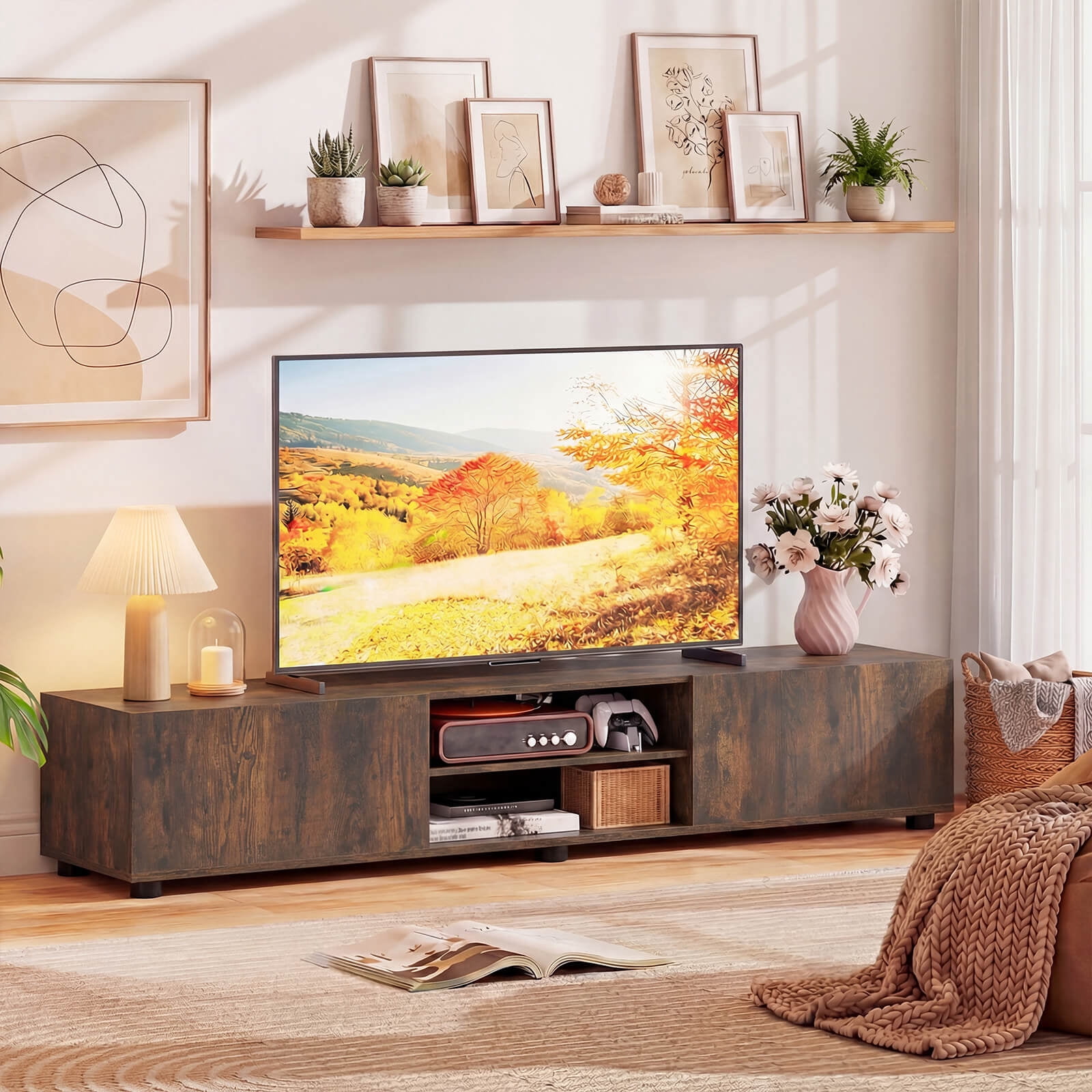 Costway TV Stand for up to 70” TVs, Media Console Table with Double Doors & Open Shelves Rustic Brown