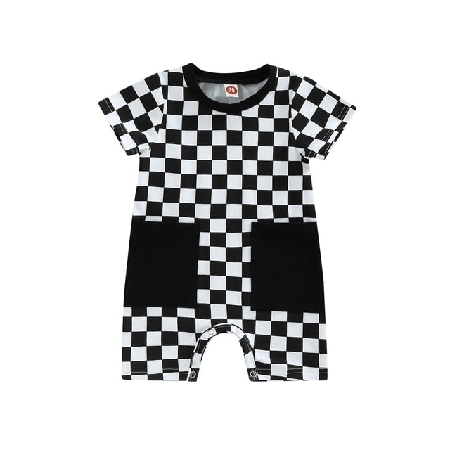 Fortune Baby Boy Checkerboard Romper Summer Plaid Short Jumpsuit with Pockets