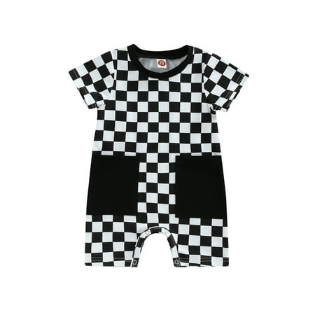 

Gwiyeopda Baby Boys Girls Round Neck Short Sleeve Checkerboard Printed 100% Organic Cotton One-Piece Short Romper with Pockets