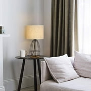 Farmhouse Table Lamp Cage Style Black Chrome Metal Base with Linen Fabric Shade