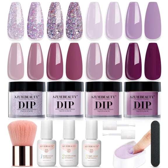 Azurebeauty 4-Color Dip Nail Kit: Dark & Lilac Purple Glitter with Base/Top Coat & Activator for French Manicure Art DIY & Gift