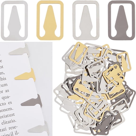1 Box 80Pcs 4 Colors Bookmark Clips Stainless Steel Bookmarks Silver Gold Black Book Mark Rectangle with Arrow Metal Line Page Book Markers Accessories