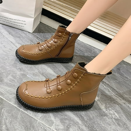 

FITORON Ankle Boots for Women- New Style Short Boots British Style Cotton Shoes Flat Shoes Brown 37