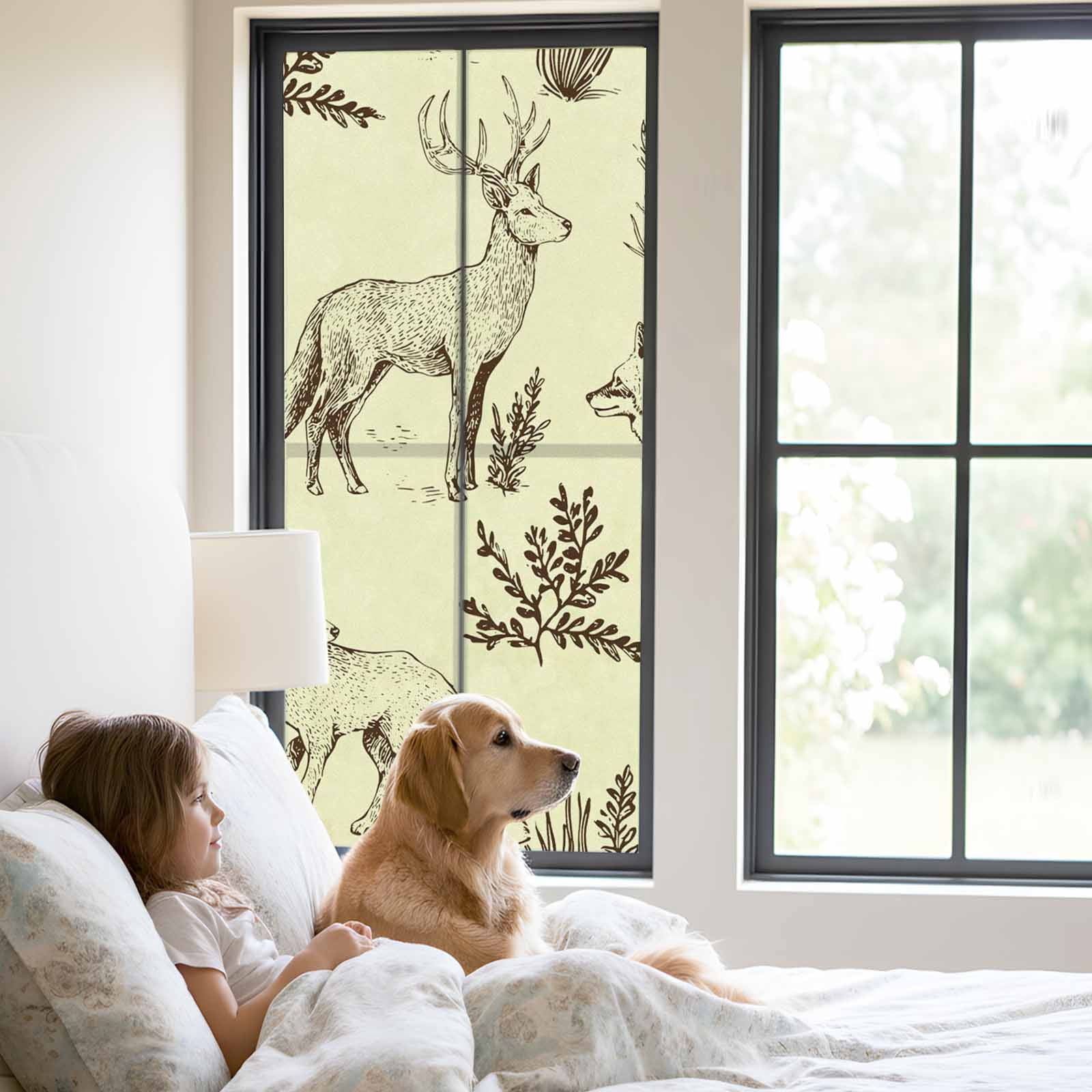 Forest Animal Window Privacy Film, Line Drawing Deer Fox Cool Wolf Spring Weed Casual Frosted Glass Window Clings Static Cling UV Heat Blocking Reusable Door Sticker for Bathroom 23.6 x 59 Inch