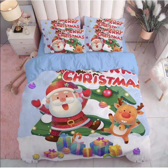 Christmas Santa Claus Snowman Reindeer Print Bedding Bed Set King Queen