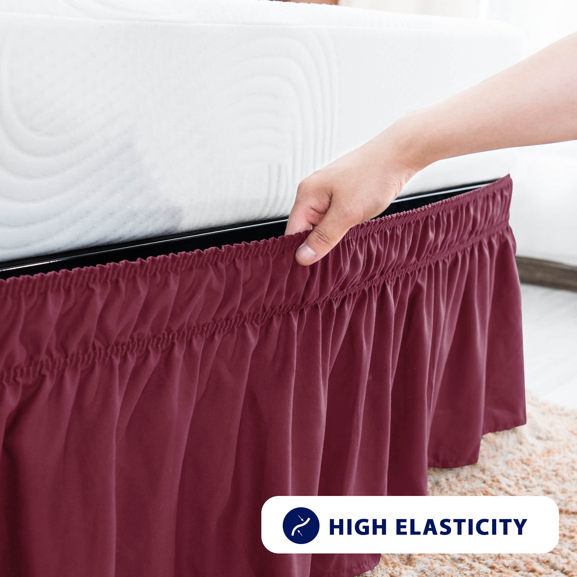 Subrtex Bed Skirt Wrap-Around Dust Ruffle Elastic 16 Inch Bed Cover, King, Wine