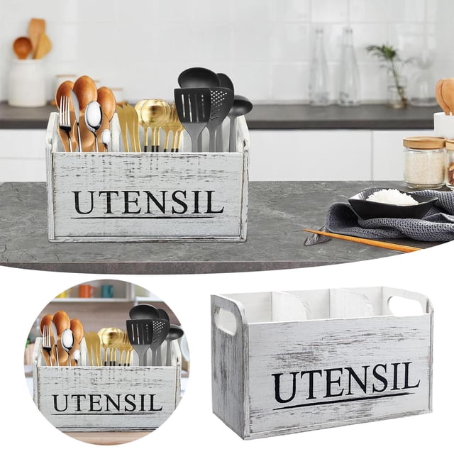 Efficient Kitchen Organization White Utensil Holder with Three Compartments for Countertop Storage Large Wooden Caddy for Cooking Tools Space Housewarming