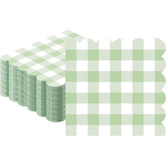 100 Pcs Sage Green Gingham Napkins, Disposable Sage Green Napkins Scalloped Napkin Plaid Paper Napkin for Wedding Summer Picnic Barbecue Baby & Bridal Shower