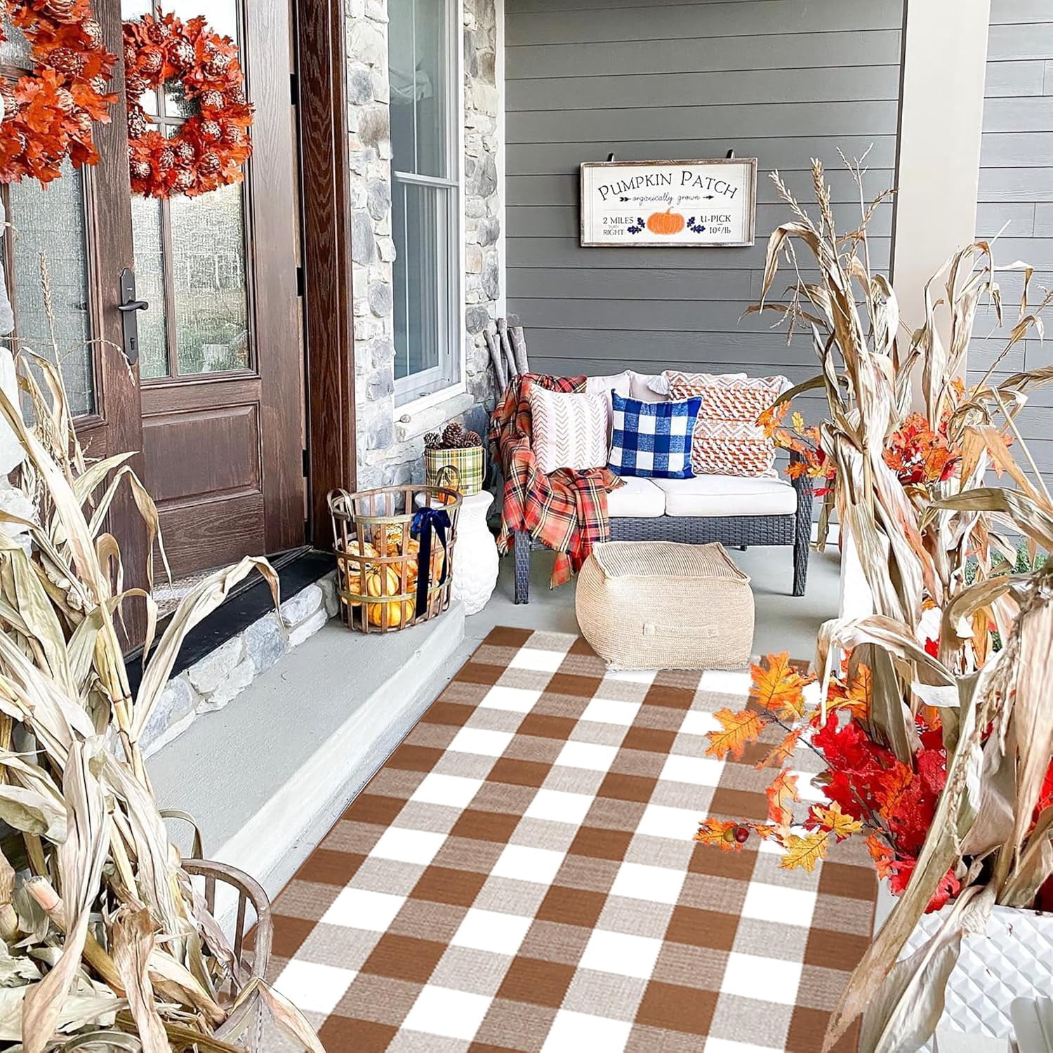 OMA Coffee and White Plaid Rug,28" x 43" Outdoor Front Porch Door Decor Mat, Washable Cotton Woven Farmhouse Area Rug for Layered Door Mats Carpet, Entryway, Easter Décor