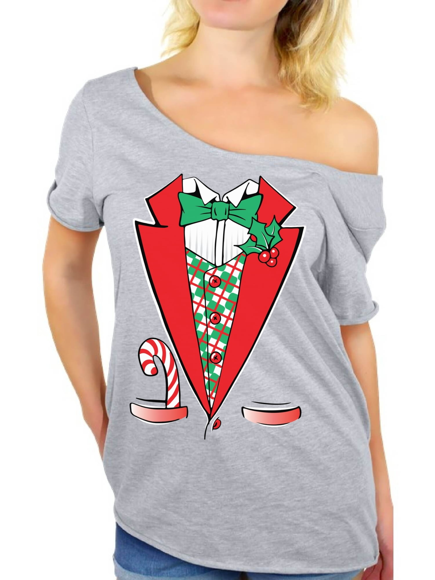 Christmas Tuxedo Women's V-Neck Funny Ugly Xmas Holiday Costume Festive T-Shirts 
