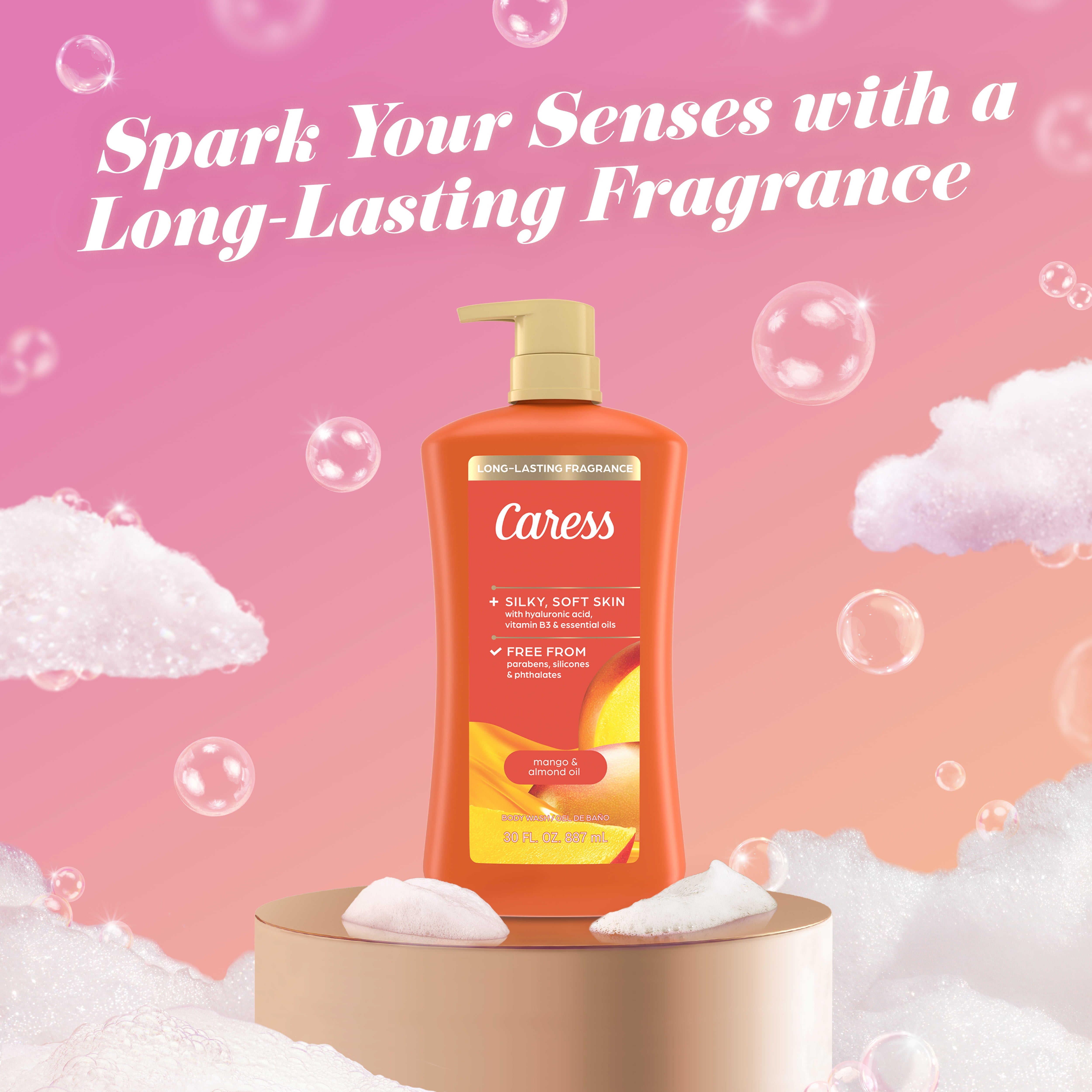 (4 pack) Caress Body Wash for Women, Mango & Almond Oil Shower Gel for All Skin 30 fl oz