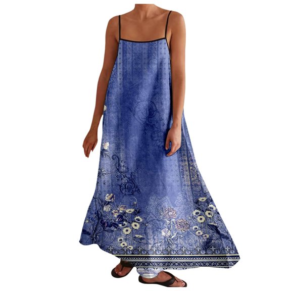 SNOWSONG Loose Fitting Dress Summer Dresses for Women 2025 Women's Linen Dress Floral Print Summer Sleeveless Casual Long Dresses Women's Casual Dresses Floral Dress Blue L