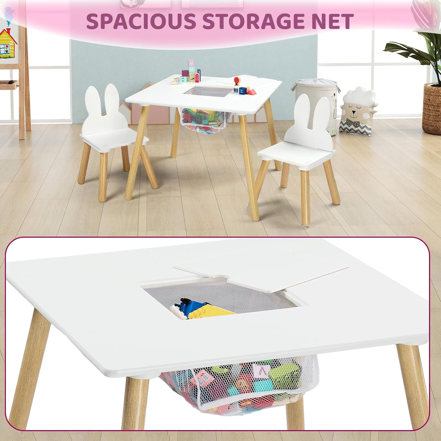 JOYMOR Kids Table and 2 Chairs Set with Storage & Removable Tabletop, Panda Ear Chairs, 3-in-1 Kids ActivityTable for Craft, Playroom Toddler Table and Chair Set for Kids 2-5