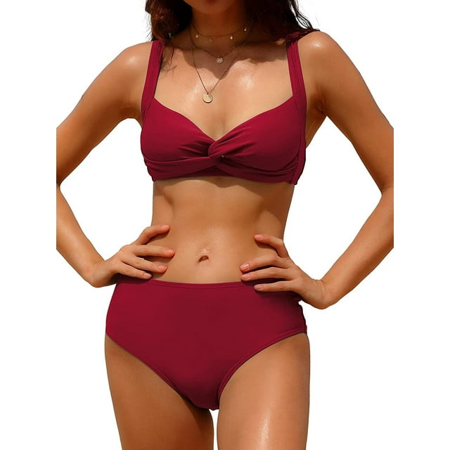 Charmo Women Twist High Waisted Bikini Swimwear Two Piece Ruched Tummy Control Swimsuit