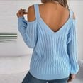 thumbnail image 5 of UTSJKR Women's Trendy Cold Shoulder Sweaters 2024 Fashion Clothing Solid V Neck Pullover Tops Cable Knit Loose Oversized Jumper Long Lantern Sleeve Sleeve Fall Sweaters Blue M, 5 of 8