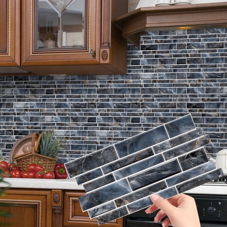 12Pcs Peel and Stick Waterproof Tiles Stickers 4.72" x 9.68" Blue Gray Marbling Mosaic Brick Pattern DIY Wall Decals Self Adhesive Kitchen Backsplash