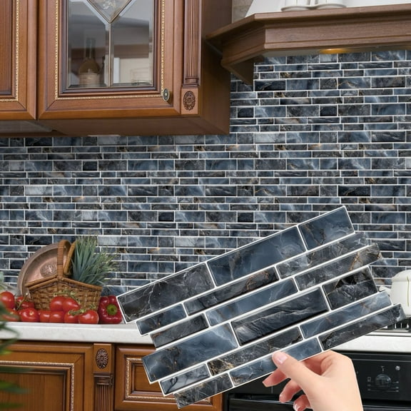 12Pcs Peel and Stick Waterproof Tiles Stickers 4.72" x 9.68" Blue Gray Marbling Mosaic Brick Pattern DIY Wall Decals Self Adhesive Kitchen Backsplash