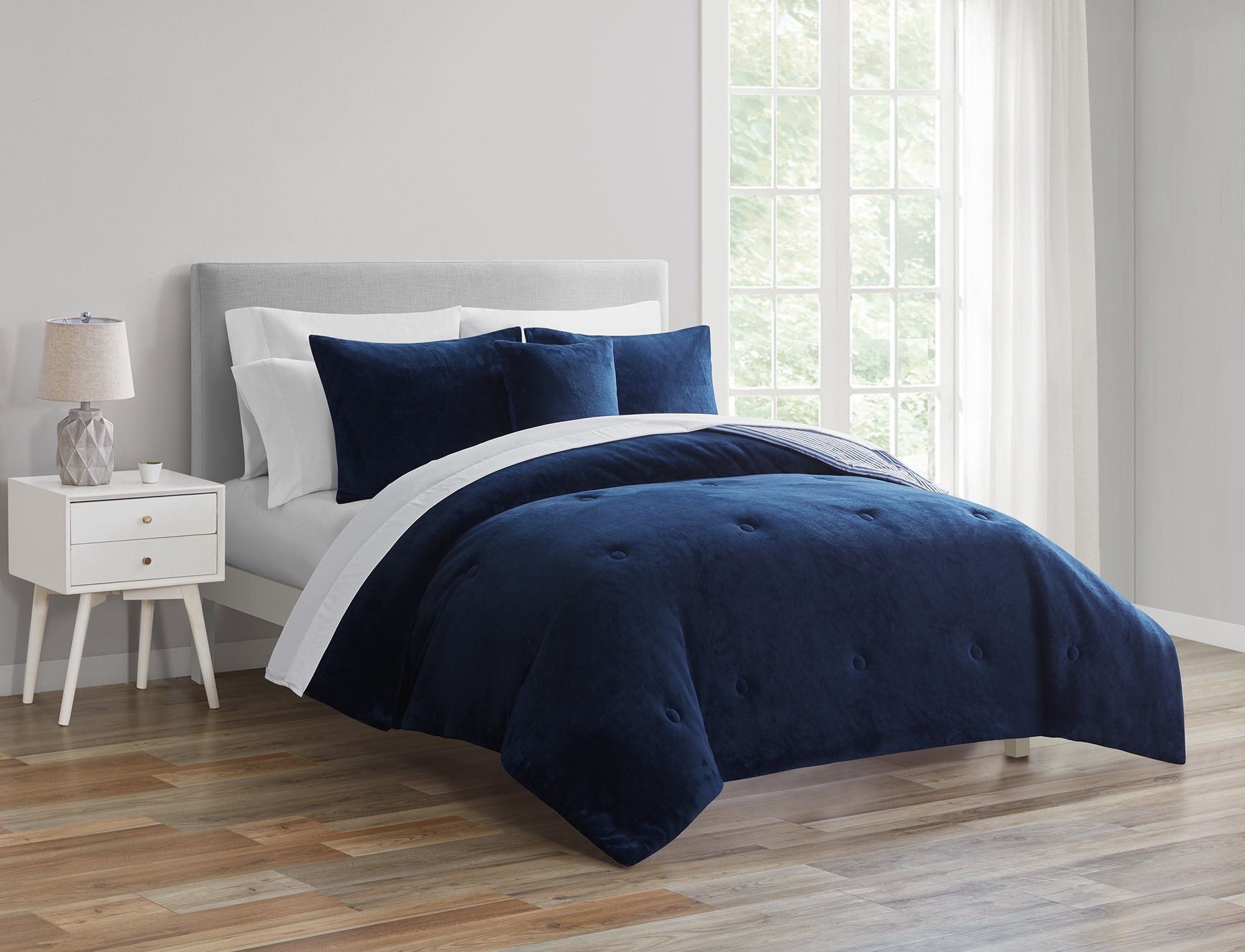 Mainstays 10 Piece Navy Microplush Bed in a Bag Comforter Set with Sheets, Full