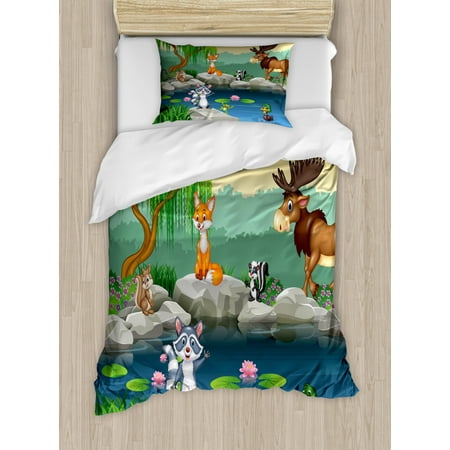 Cartoon Duvet Cover Set, Funny Mascots Animals by the Lake Moose Fox Squirrel Raccoon Kids Nursery Theme, Decorative Bedding Set with Pillow Shams, Multicolor, by Ambesonne