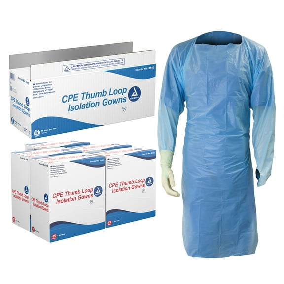 Dynarex Isolation Gowns - Full-Length Coverage Disposable PPE Hospital Gowns - Non-Woven, No Latex - Blue, Universal Size, 1 Case - 5 Boxes of 15