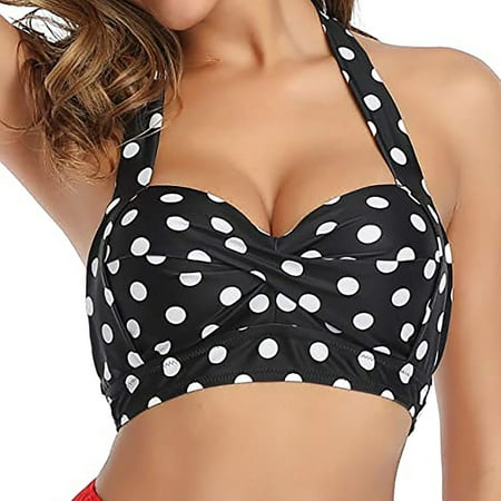 Summer Savings Clearance! Edvintorg Women Bikini Top Striped/Polka Dots Printed Push Up Swim Top Halter Retro Bathing Suit Top Padded Swimsuit Top 1Pc