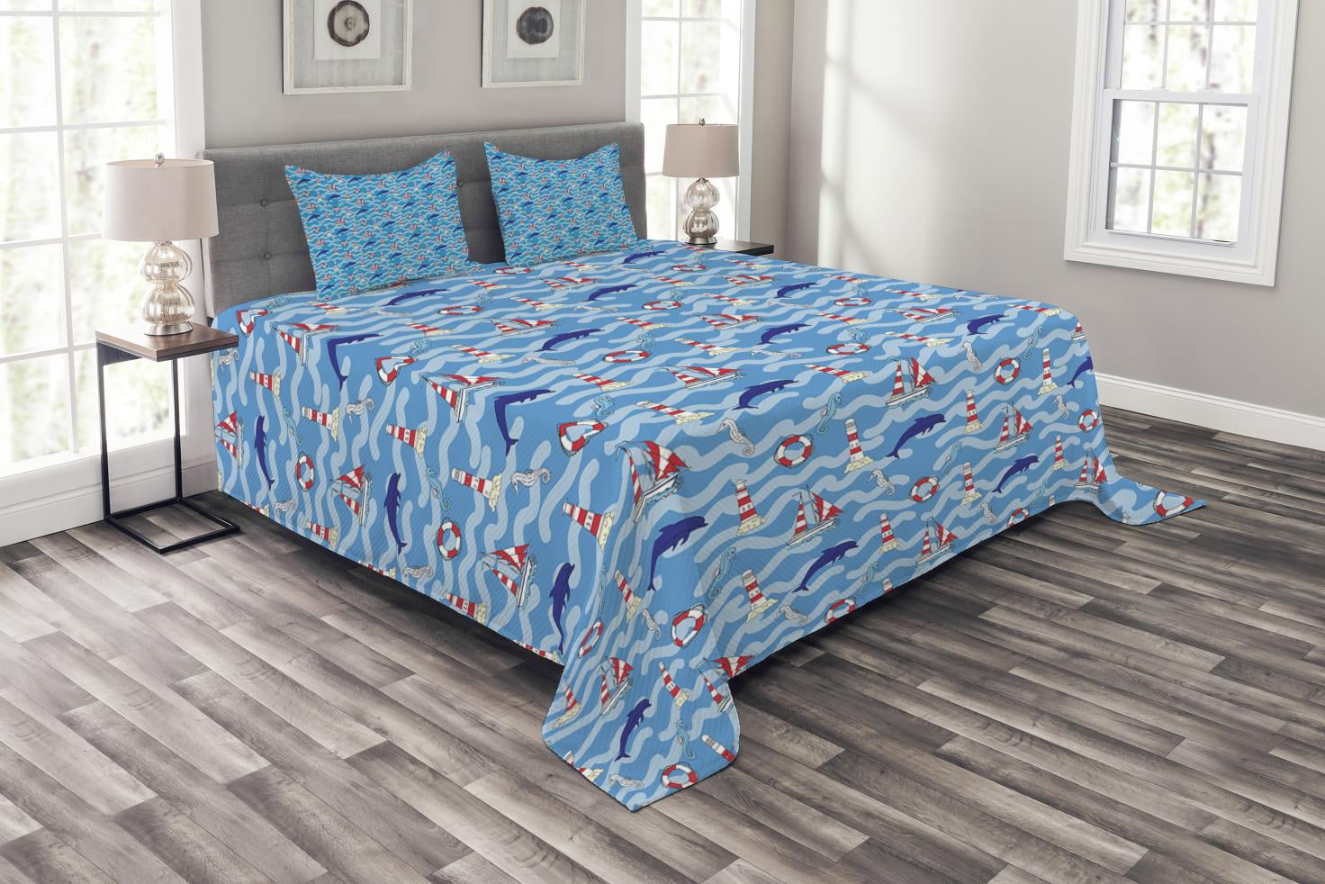 Lighthouse Bedspread Set King Size, Wavy Lines Aquatic Elements