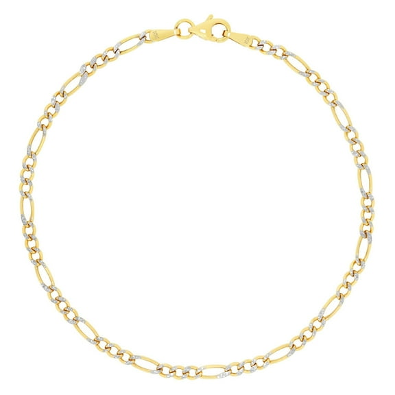 Nuragold 10k Real Yellow Gold Figaro Link 2.5mm Diamond Cut Two Tone Pave Chain Bracelet or Anklet (7"-9") Italian Jewelry for Men & Women