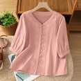 thumbnail image 7 of Womens Tops Embroidery Elbow Length Sleeve T-Shirts for Women Button Down V Neck Summer Dressy Casual Tshirts, 7 of 7