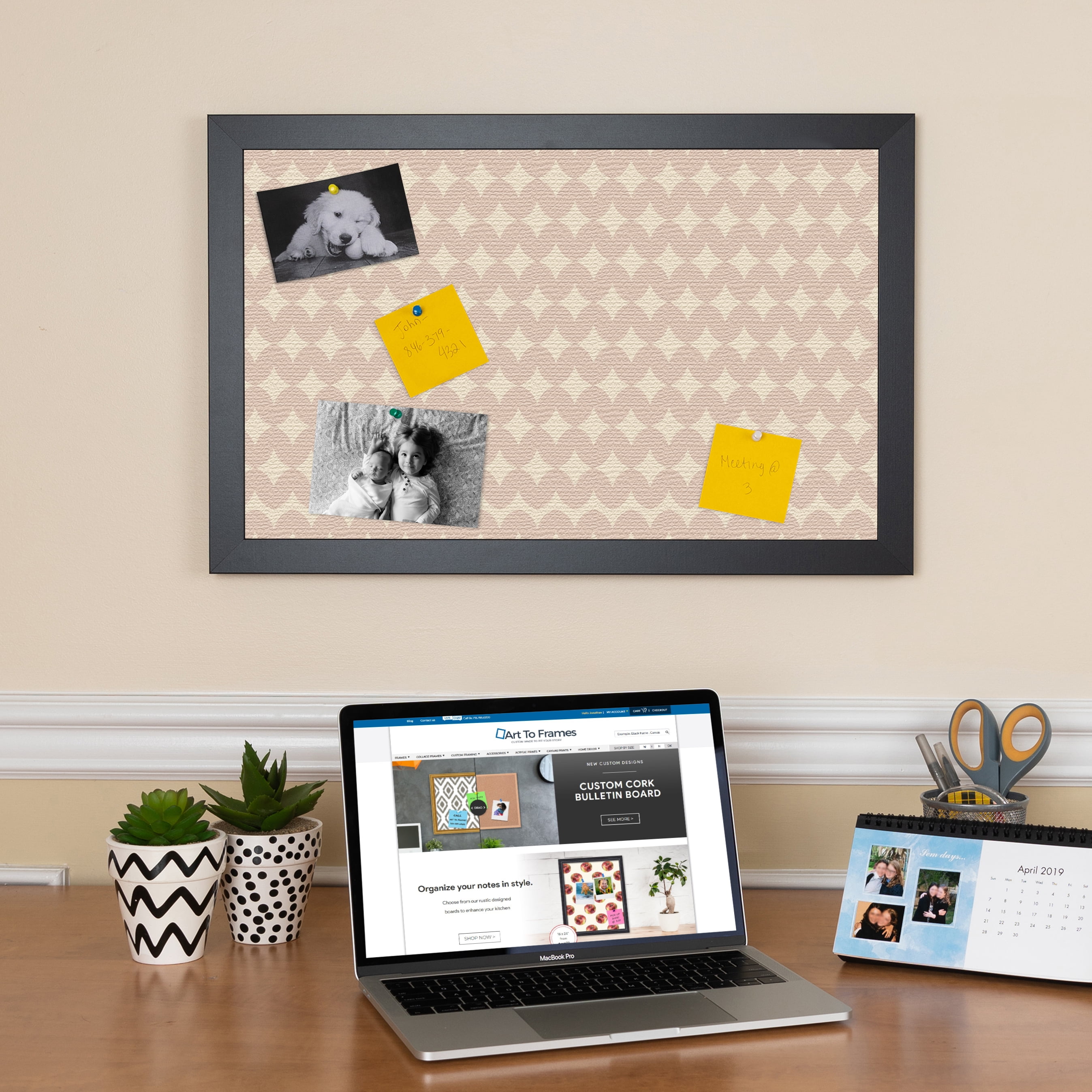 PinPix ArtToFrames 18x22 Custom Cork Bulletin Board Light Pink Diamond   Poster Board Has a Fabric Style Canvas Finish, Framed in Satin Black (PinPix-294)