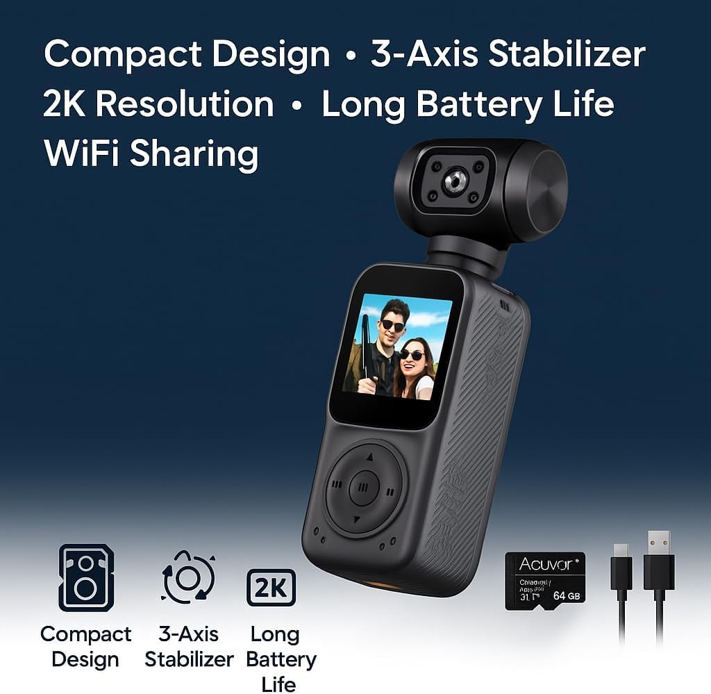 KLIOMAX 2K Pocket Camera with 3-Axis Gimbal Stabilizer, Digital Video Camera for Photography, Action & Vlogging Camera with LCD Screen, Face Tracking, Motion Stabilization, Body Cam POV Camera