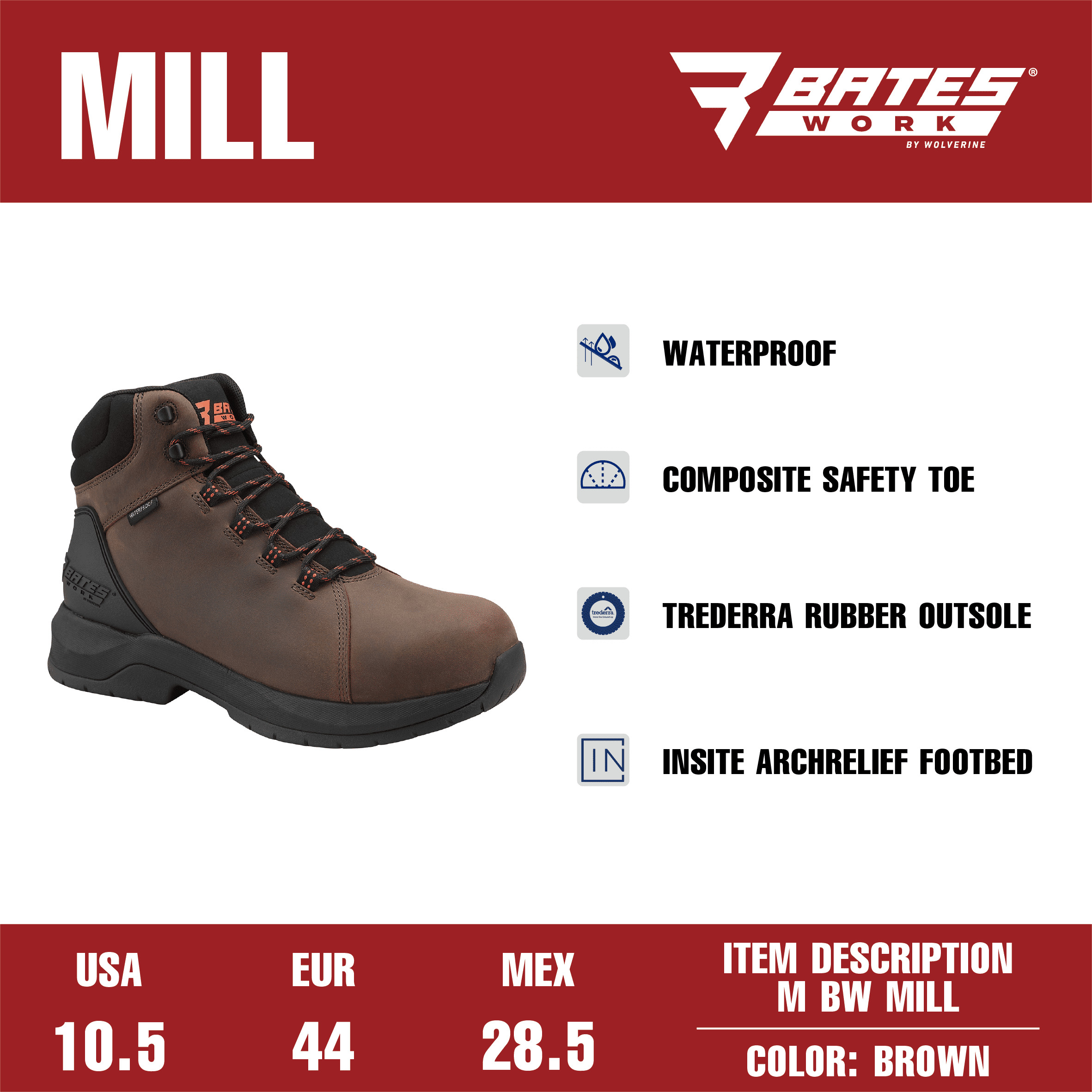 Bates Work by Wolverine Men's Mill Waterproof Comp Toe Work Boot