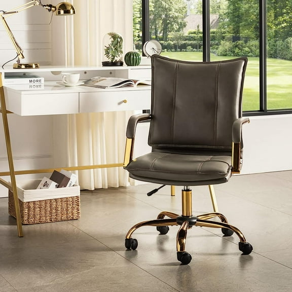 HULALA HOME Faux Leather Home Office Desk Chair, Adjustable Swivel Computer Chair with Golden Legs and Arms, Upholstered Task Chair, Grey