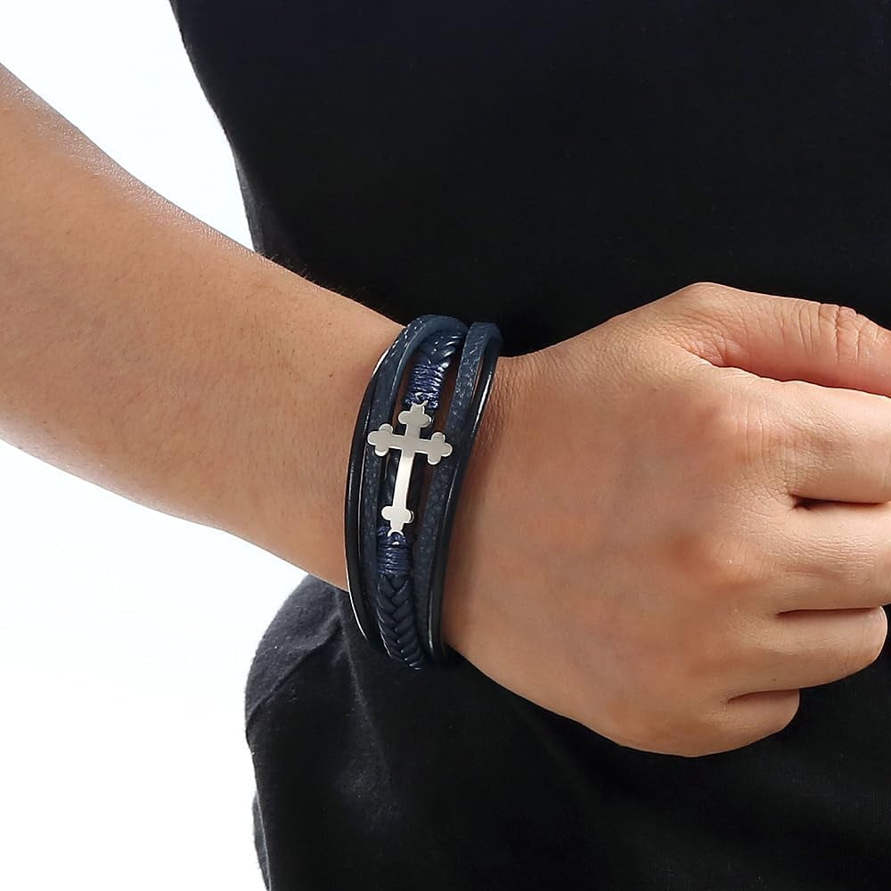 Mens Leather Cross Bracelet Multi-Layer Braided Faith Bracelet Religious Wristband Father's Day Birthday Jewelry Gifts for Men 8.5" Stainless Steel Buckle Bangle