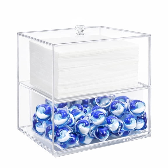 Dryer Sheet Holder, 2-Compartment Acrylic Storage Container with Drawer Clear Laundry Pods and Dryer Sheet Dispenser for Laundry Room Organization