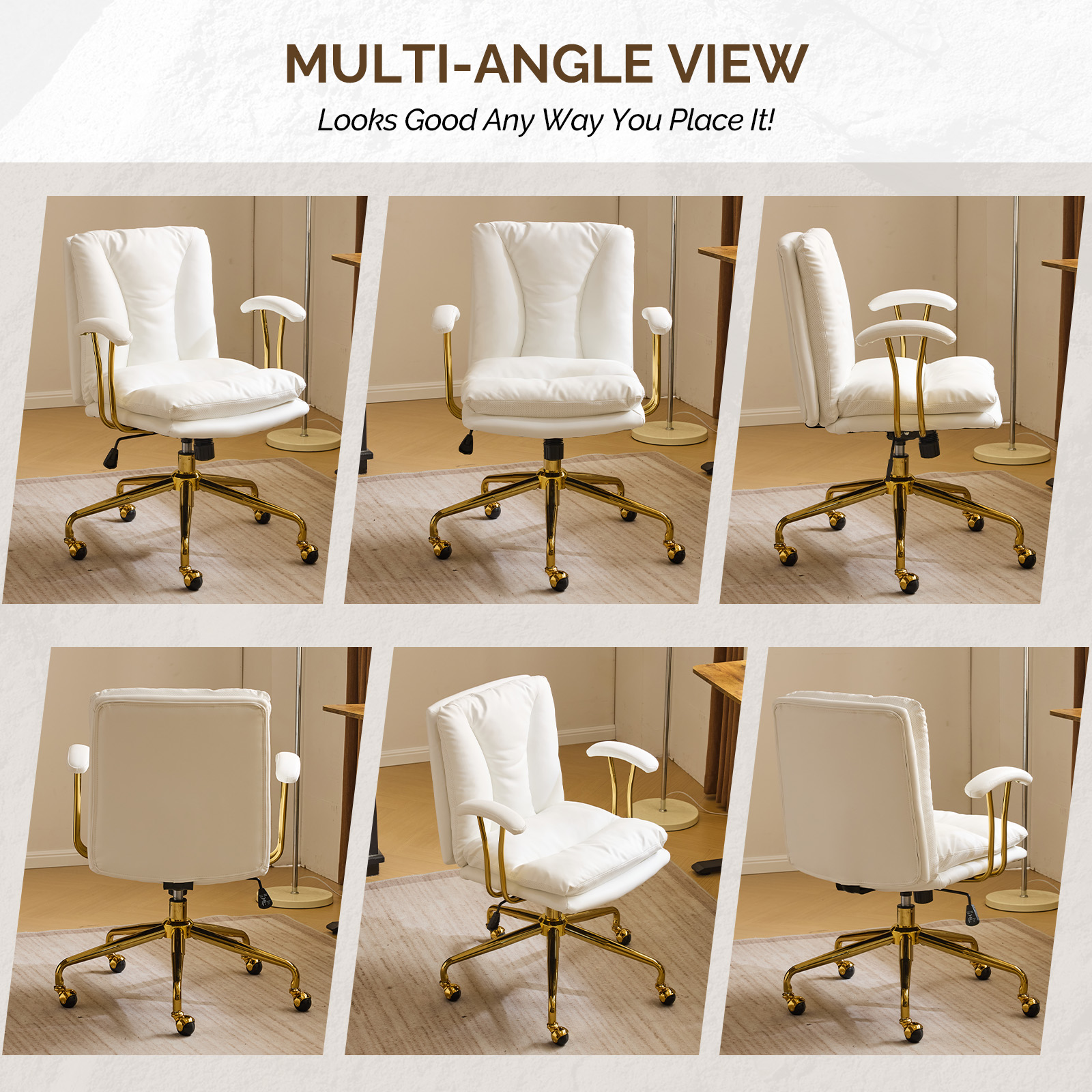 Ktaxon Office Chair High Back Study Chair PU Leather Adjustable Swivel Vanity Chair with Padded Armrests for Conference and Home White