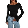 thumbnail image 6 of FNFHFY Long Sleeve Shirts for Women Trendy Boat Neck Slim Fit Shirt Solid Bell Sleeve Fitted Tee Shirts Ribbed Ruched Y2K Clothes, 6 of 6